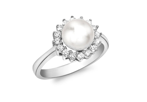 9ct White Gold Pearl with Zirconia  Surrounding Round Zirconia  Ring