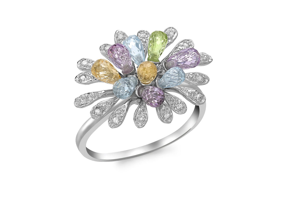 9ct White Gold 0.10ct Diamond Blue Topaz Amethyst and Peridot Ring