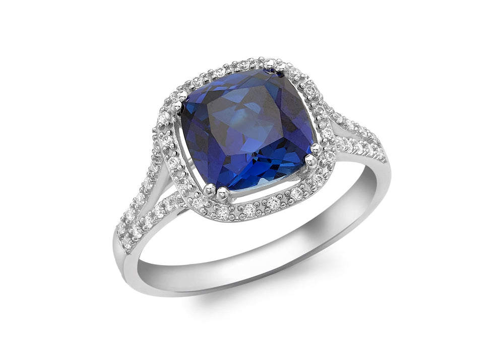 9ct White Gold Zirconia  and reated Blue Sapphire Shoulder-Detail Ring