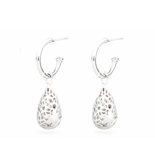 Sterling Silver 0.01ct Hoop Earrings with Matt-Finish Floral Cutout Drop Earrings Each set with a Single Diamond Accent