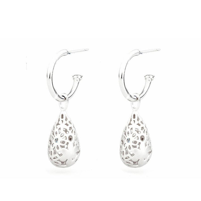 Sterling Silver 0.01ct Hoop Earrings with Matt-Finish Floral Cutout Drop Earrings Each set with a Single Diamond Accent