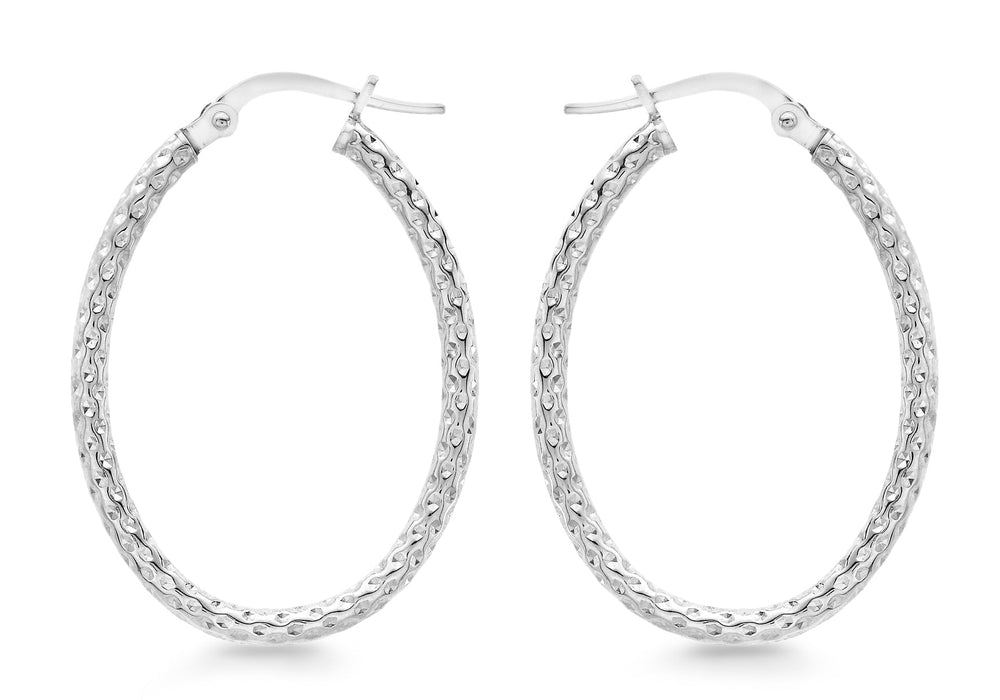 9ct White Gold 22mm x 31mm Diamond Cut Oval Creole Earrings