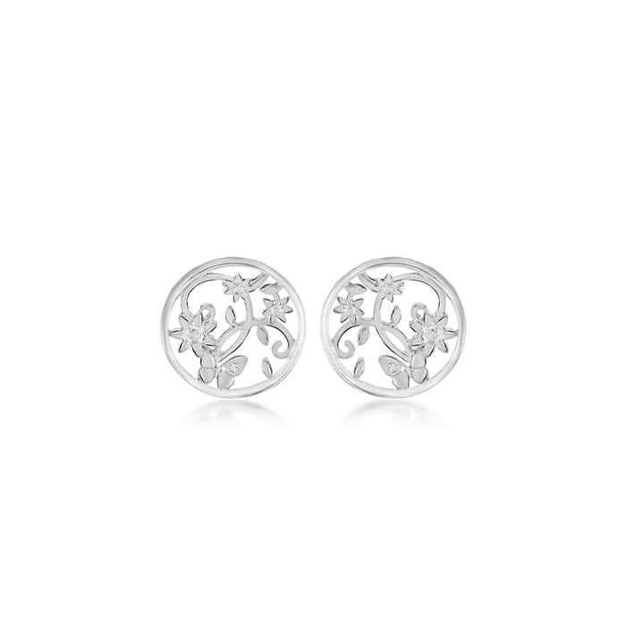 Openwork Floral Butterfly Disc Stud Earrings Hand-Set With Diamond Accent