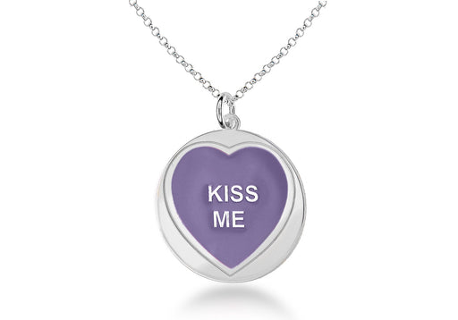 Sterling Silver 'Kiss Me' Purple Heart Disc Pendant on Chain Necklace  46m/18"9