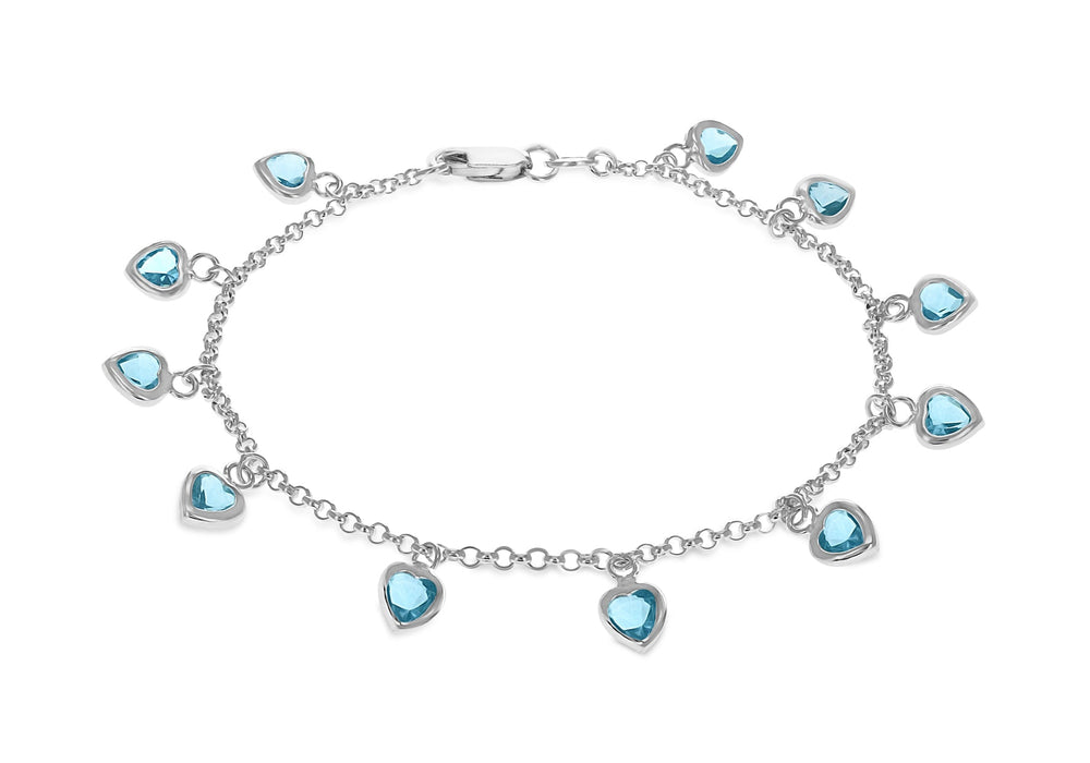 Sterling Silver Blue Crystal Heart Charm Bracelet 19m/7.5"9