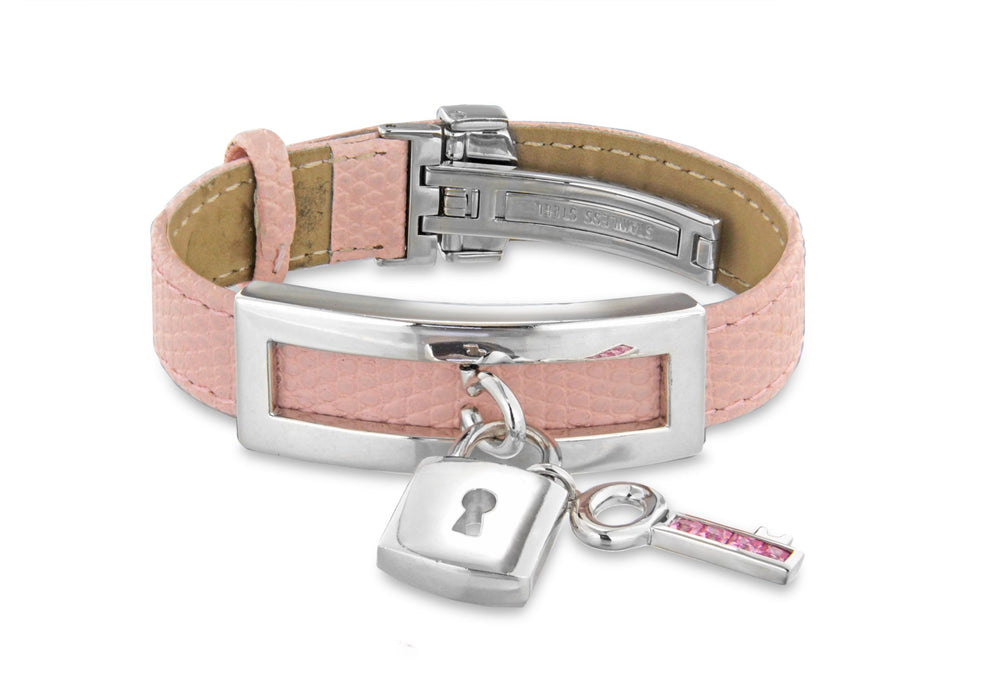 Sterling Silver Lok and Zirconia  Key Pink Leather Strap Bracelet 20m/8"9