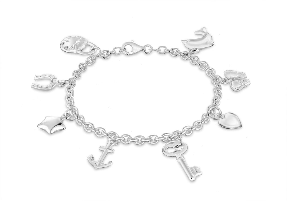 Sterling Silver Rhodium Plated 8-Charm Belcher  Bracelet 19m/7.5"9