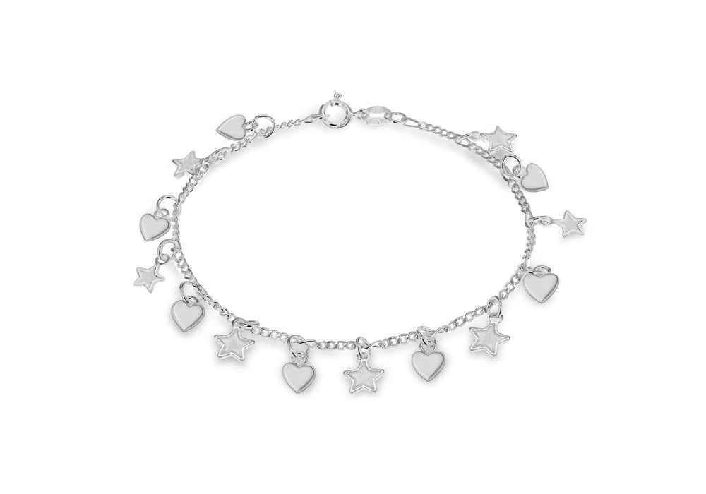 Sterling Silver Heart & Star Charm Bracelet 18m/7"9