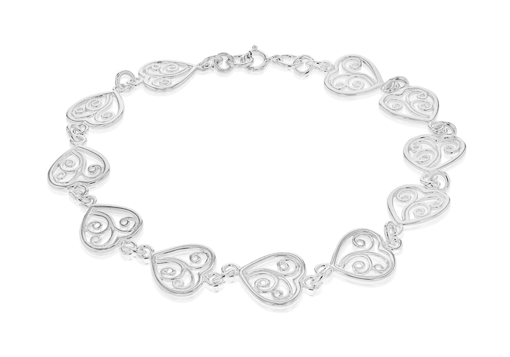 Sterling Silver 10mm Filigree Heart Bracelet 19m/7.5"9