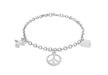 Sterling Silver Rhodium Plated Zirconia Heart Peace Sign Dove Charm Bracelet 