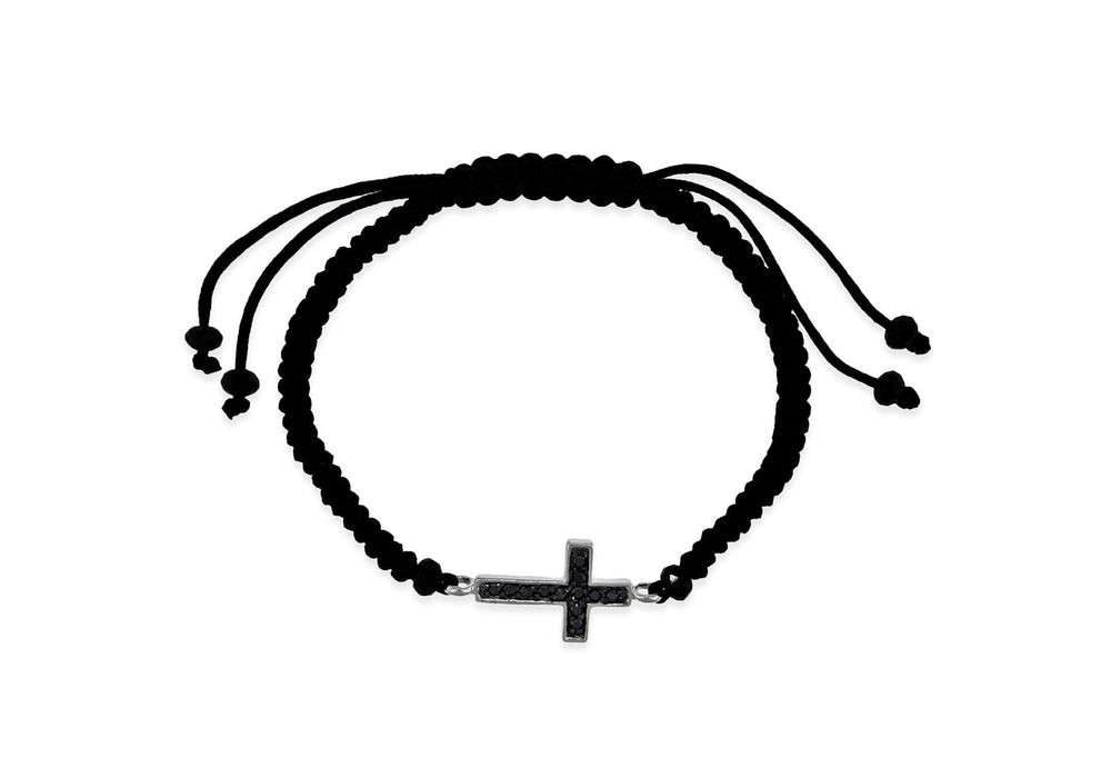 Sterling Silver Black Zirconia  Cross on Black otton Adjustable Bracelet