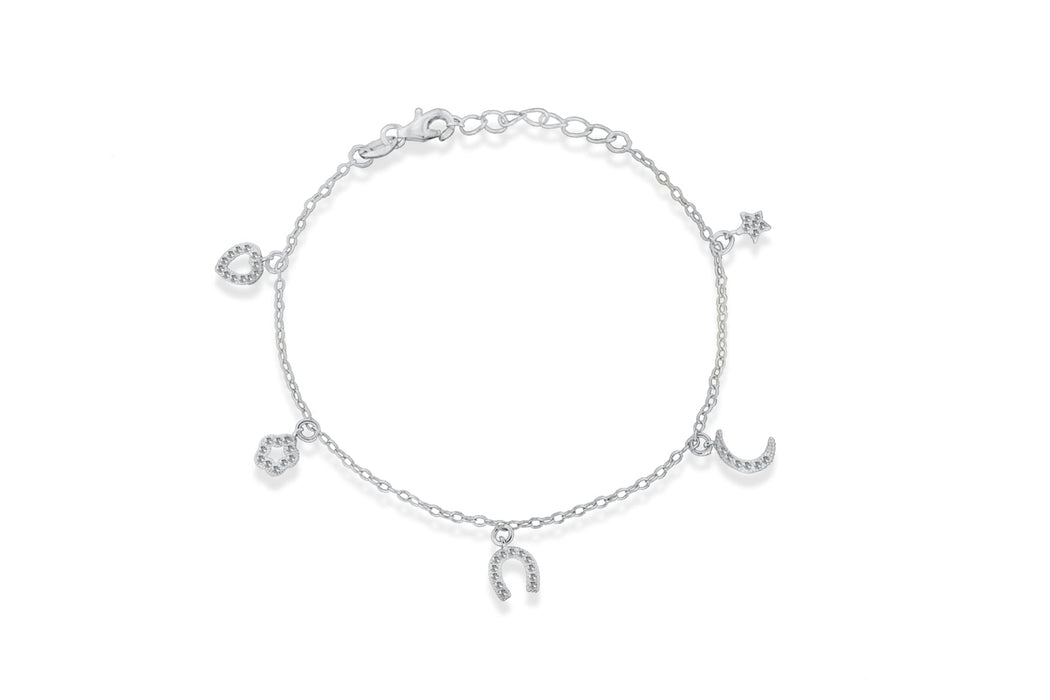 Sterling Silver Rhodium Plated Zirconia  5-Charm Adjustable Bracelet 16.5m/6.5"-19m/7.5"9