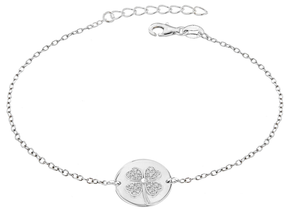 Sterling Silver Rhodium Plated Zirconia  Clover Disc Bracelet 19m/7.5"9