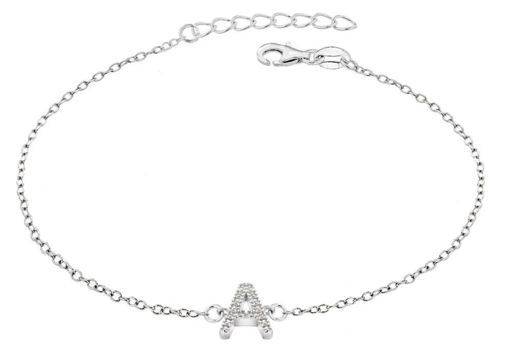 Sterling Silver Rhodium Plated Zirconia  'A' Initial Bracelet 19m/7.5"9