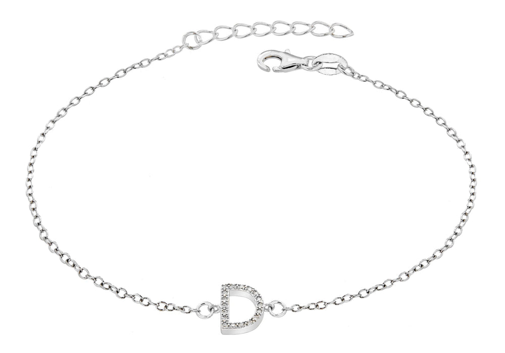 Sterling Silver Rhodium Plated Zirconia  'D' Initial Bracelet 19m/7.5"9