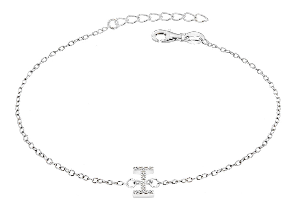 Sterling Silver Rhodium Plated Zirconia  'I' Initial Bracelet 19m/7.5"9