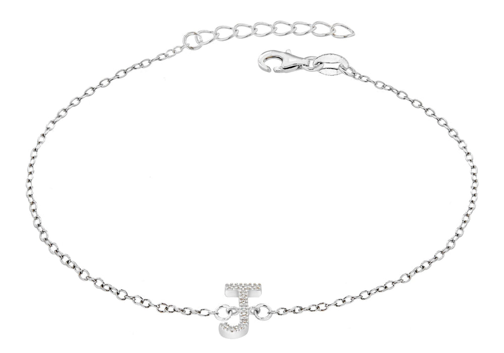 Sterling Silver Rhodium Plated Zirconia  'J' Initial Bracelet 19m/7.5"9