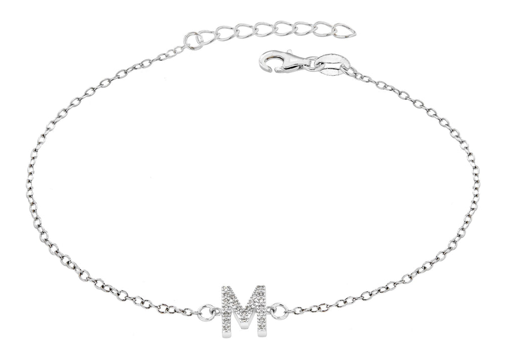 Sterling Silver Rhodium Plated Zirconia  'M' Initial Bracelet 19m/7.5"9