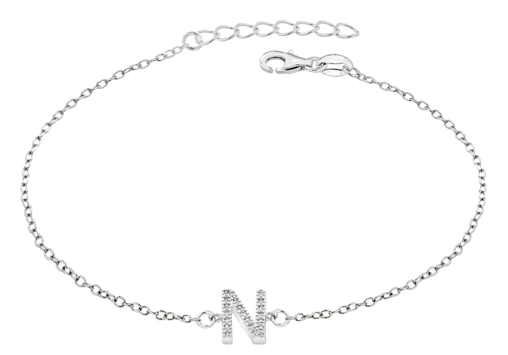 Sterling Silver Rhodium Plated Zirconia  'N' Initial Bracelet 19m/7.5"9