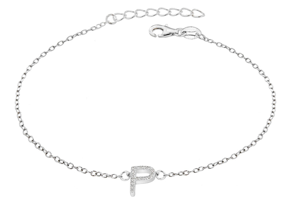 Sterling Silver Rhodium Plated Zirconia  'P' Initial Bracelet 19m/7.5"9