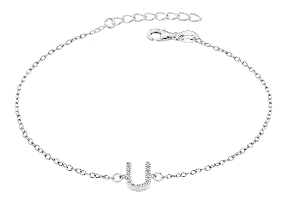 Sterling Silver Rhodium Plated Zirconia  'U' Initial Bracelet 19m/7.5"9