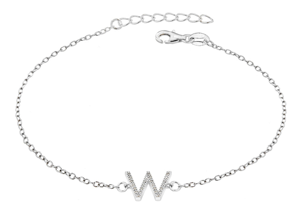 Sterling Silver Rhodium Plated Zirconia  'W' Initial Bracelet 19m/7.5"9