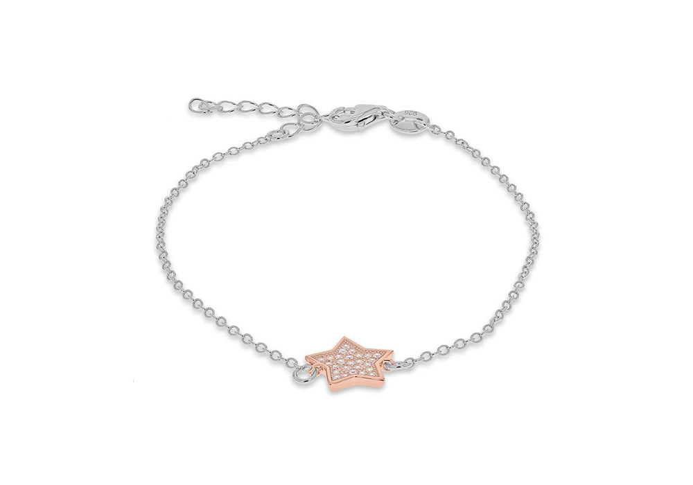 Sterling Silver Rhodium and Rose Gold Plated Zirconia  10.8mm x 10.4mm Star Bracelet 17m/6.5"-19m/7.5"9