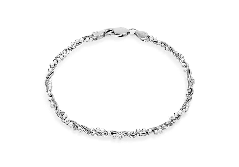 Sterling Silver Rhodium Plated Twist Snake and Ball Bracelet 18m/7"9