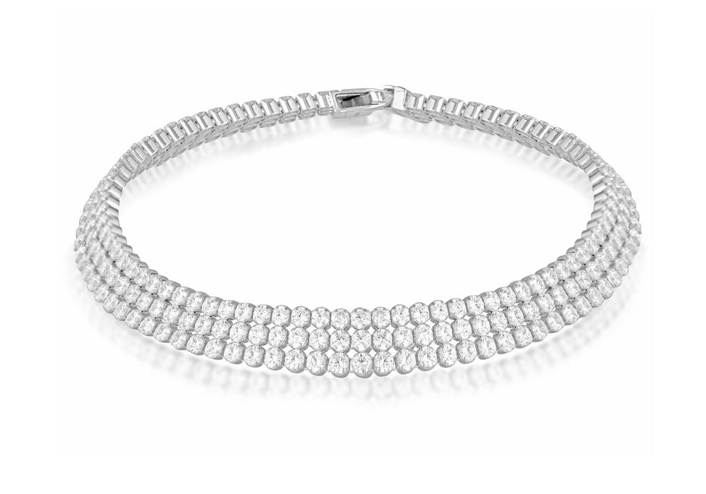 Sterling Silver Rhodium Plated 2mm Round Zirconia  Triple-Row Tennis Bracelet 19m/7.5"9