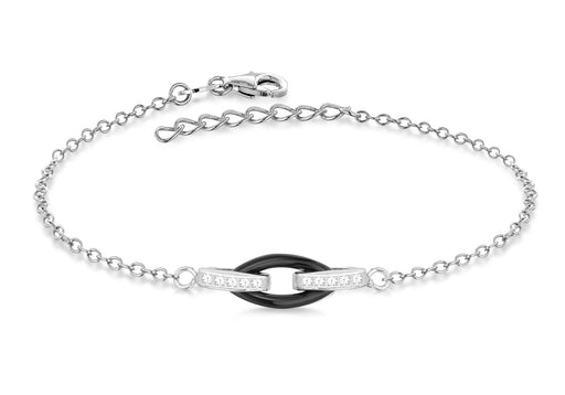 Sterling Silver Rhodium Plated Oval Black Ceramic and Zirconia  Link Adjustable Bracelet 15.25m/6" - 18m/7"9