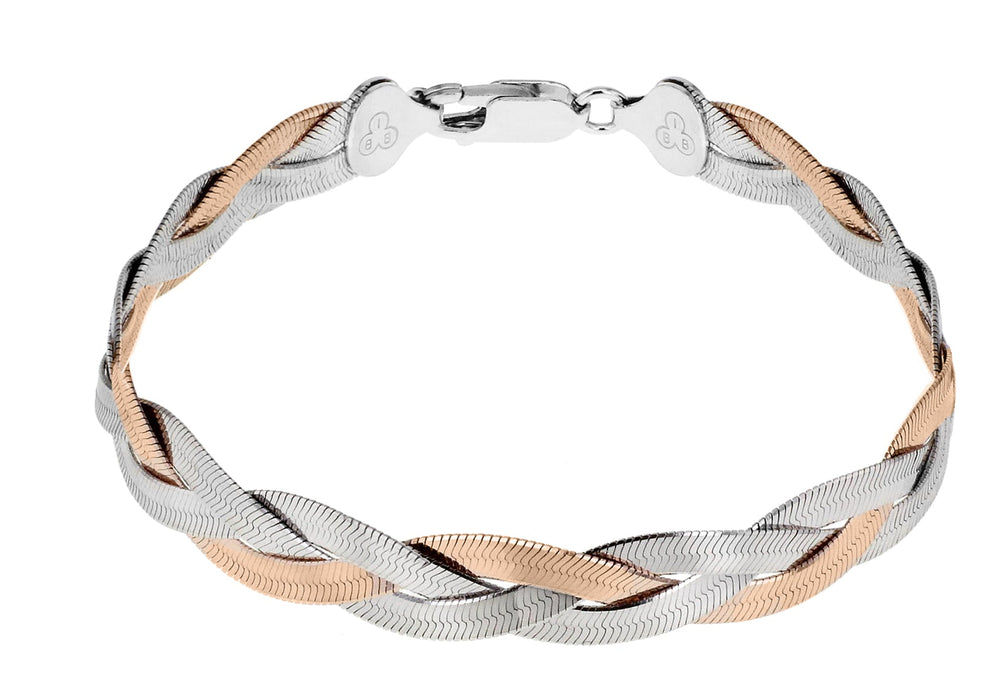 Sterling Silver Rhodium and Rose Gold Plated Herringbone Bracelet 19m/7.5"9