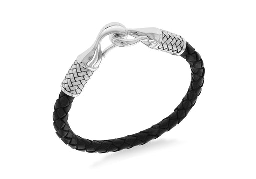 Sterling Silver Black Leather Woven Bracelet