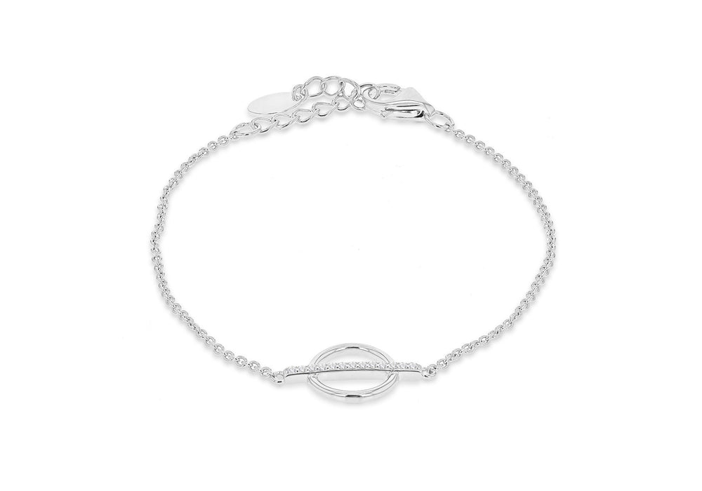 Sterling Silver Rhodium Plated Zirconia  19.2mm x 10.8mm Circle & Bar Adjustable Bracelet 16m/6.25"-18.5m/7.25"9