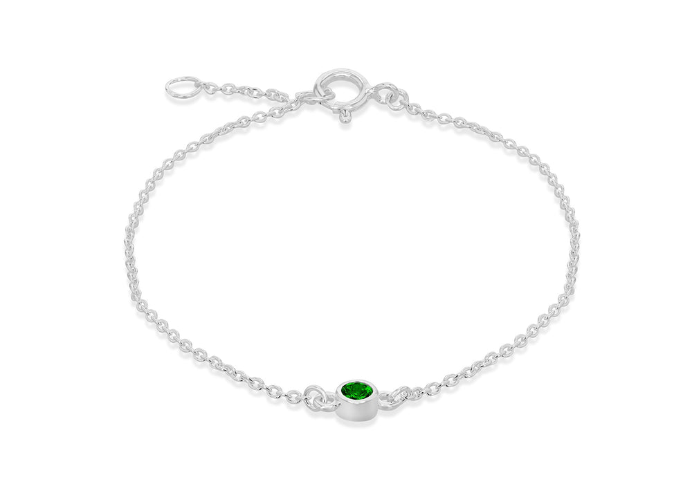 Sterling Silver Green 3mm Zirconia  May Birthstone Adjustable Bracelet 16m/6.25"-18m/7"9