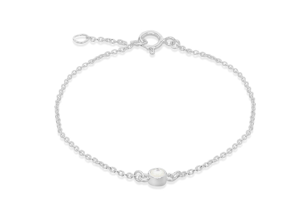 Sterling Silver White 3mm Cabochon Mother of Pearl June Birthstone Adjustable Bracelet 16m/6.25"-18m/7"9