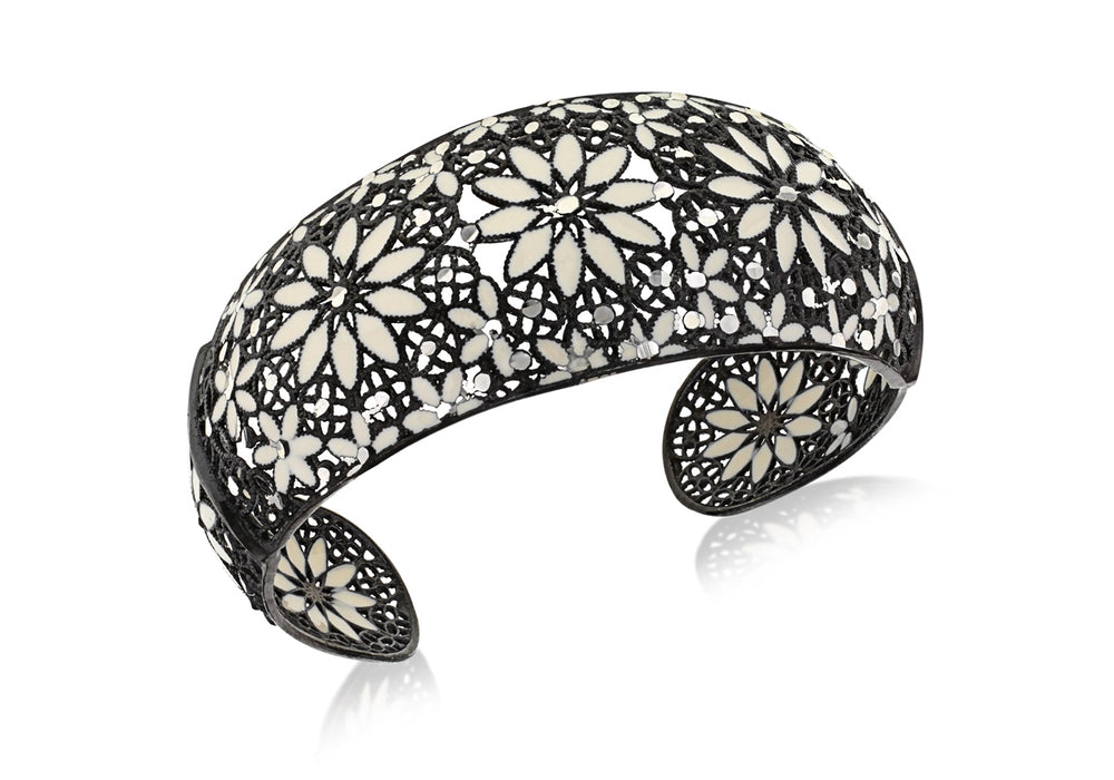 Sterling Silver Black Rhodium Plated Flower Bangle