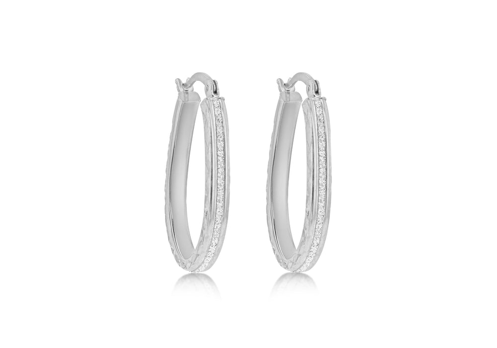 Sterling Silver Rhodium Plated 19.8mm x 28mm Stardust Oval Creole Earrings