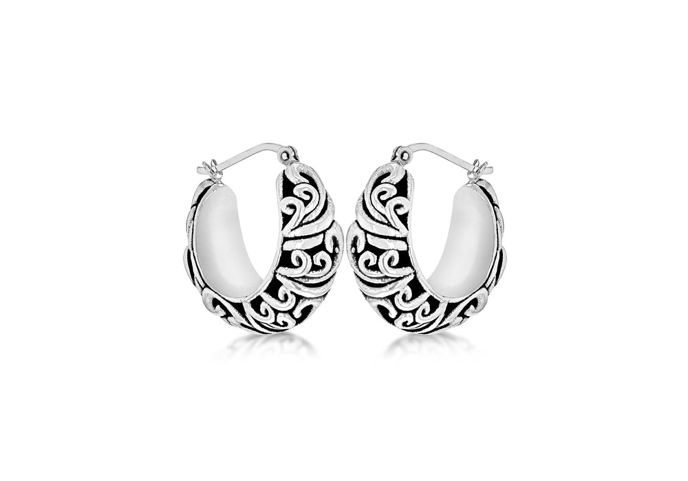 Sterling Silver Oxidised  25mm x 24mm Antique-Style Patterned Creole Earrings