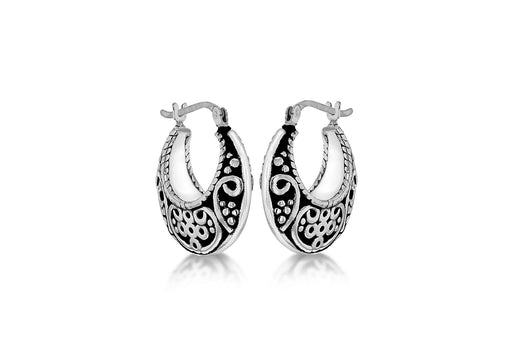 Sterling Silver Oxidised  21.5mm x 23.5mm Antique-Style Patterned Creole Earrings