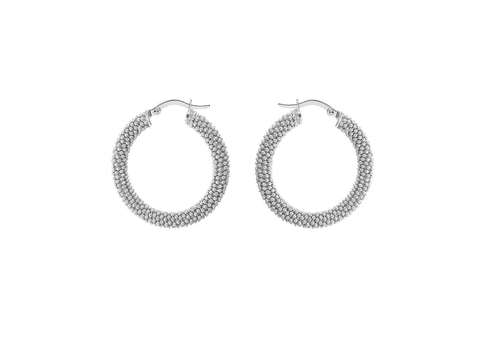 Sterling Silver Rhodium Plated 30mm Textured Hoop Earrings