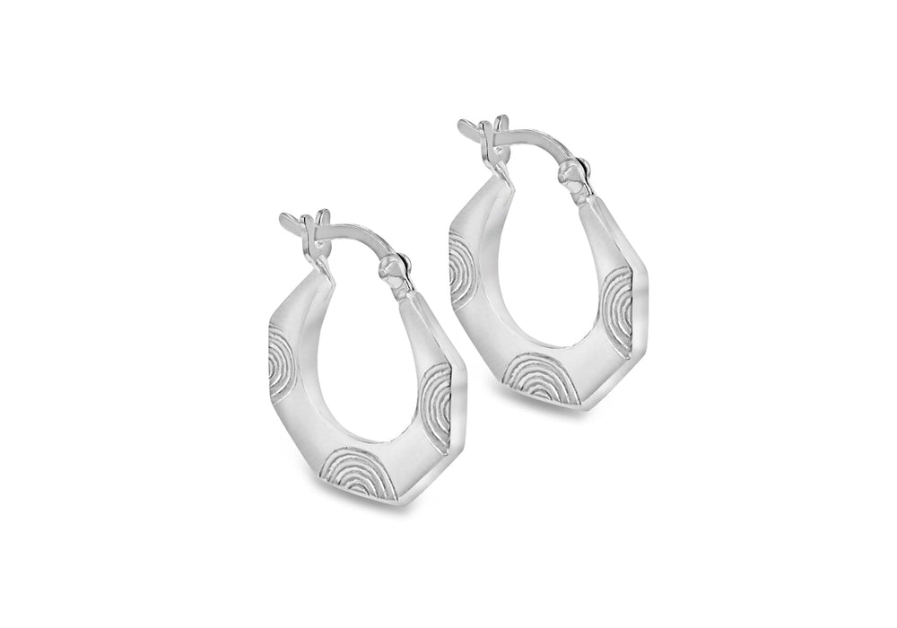 Sterling Silver 16.9mm x 18.3mm Patterned Hexagon Creole Earrings