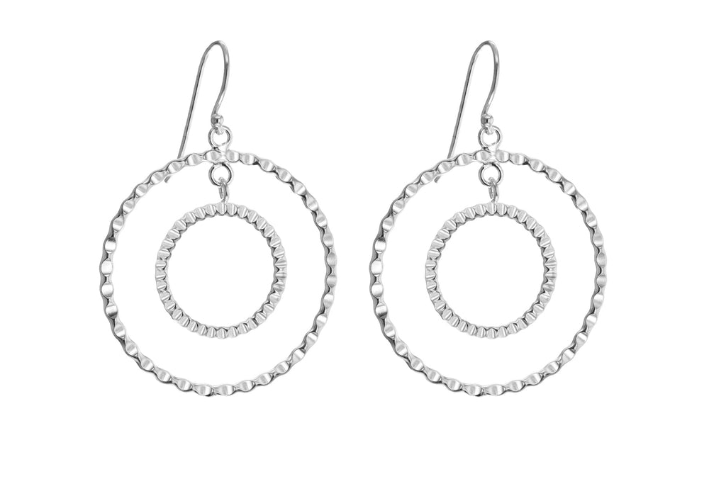 Sterling Silver Rhodium Plated Double Circle rinkled Drop Earrings