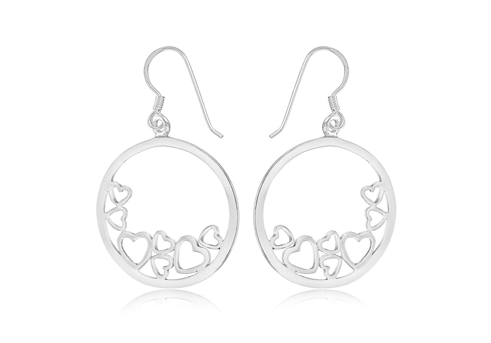 Sterling Silver Hearts-In-Circle Drop Earrings