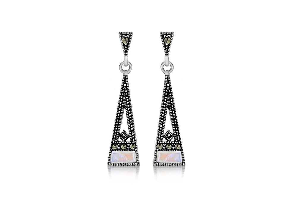 Sterling Silver Trapezoid Marcasite & Mother of Pearl Drop Earrings