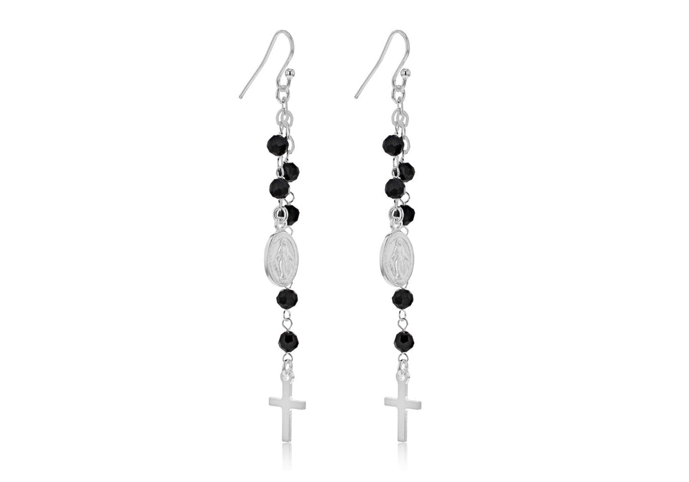 Sterling Silver Black Beads Rosary Drop Earrings