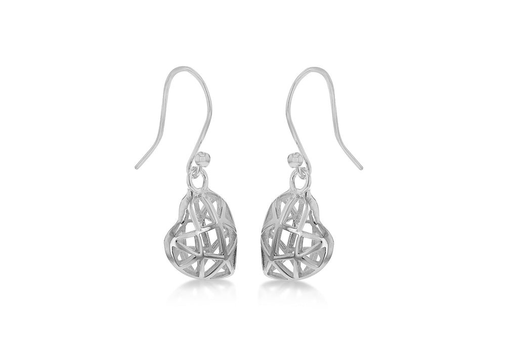 Sterling Silver Rhodium Plated Puff Heart Drop Earrings 