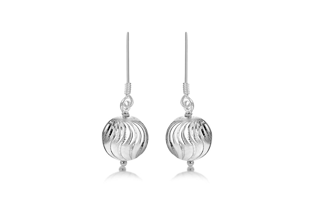 Sterling Silver 10mm x 30mm Wave Pattern Ball Drop Earrings