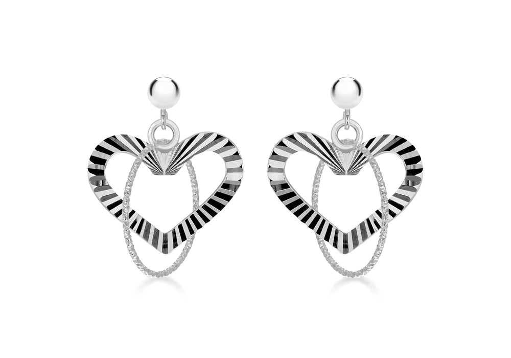 Sterling Silver Diamond Cut Open-Heart and Ring Drop Earrings