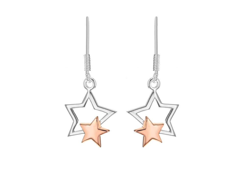 Sterling Silver & Rose Gold Plated Double Star Drop Earrings 