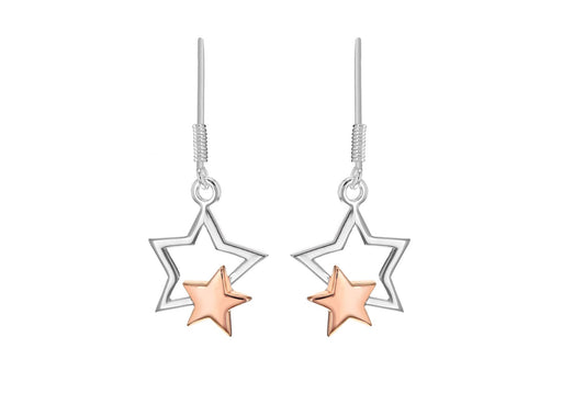 Sterling Silver & Rose Gold Plated Double Star Drop Earrings 